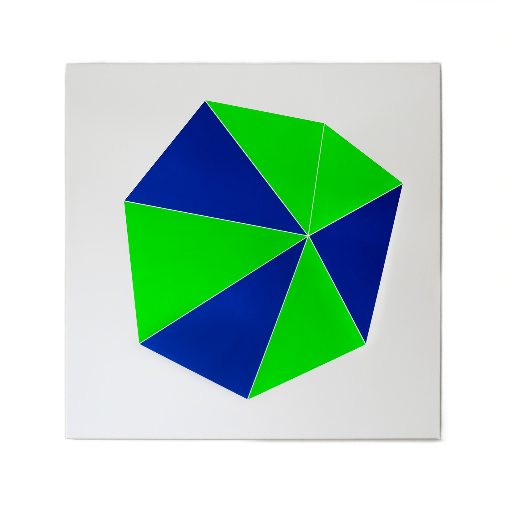 Acrylic on canvas. Sketch for a wall object (7 green and blue facets). Architectural art, minimal art, art objects, art or design, decorative art, art and design, sketch, art sketch, colour fields, geometrical art, color fields, concrete art, contemporary art, contemporary painting, abstraction, hard edge art, minimalism, abstract art, urban art, public art, outdoor artwork, art in public space, construction, constructive art. Acrylique sur toile. Esquisse pour objet mural (7 facettes vertes et bleues). 1% artistique, art minimal, objets d'art, art ou design, art et design, art décoratif, champs colorés, art géométrique, art concret, art contemporain, abstraction, minimalisme, art abstrait, art urbain, art public, œuvre d‘art extérieure, art en espace public, art de ville, art en milieu urbain, art constructif, construction. Acryl auf Leinwand. Skizze für eins Wandobjekt (7 grüne und blaue Facetten). Kunstobjekte, Minimalkunst, Outdoorkunst, Fassadengestaltung, Wandobjekte, Facetten, Farbfelder, Konkrete Kunst, Zeitgenössische Kunst, Geometrische Kunst, Abstraktion, Minimalismus, Abstrakte Kunst, Urbane Kunst, Öffentliche Kunst, Kunst im urbanen Raum, Kunst im Stadtraum, Kunst am Bau, Konstruktion, konstruktive Kunst. 